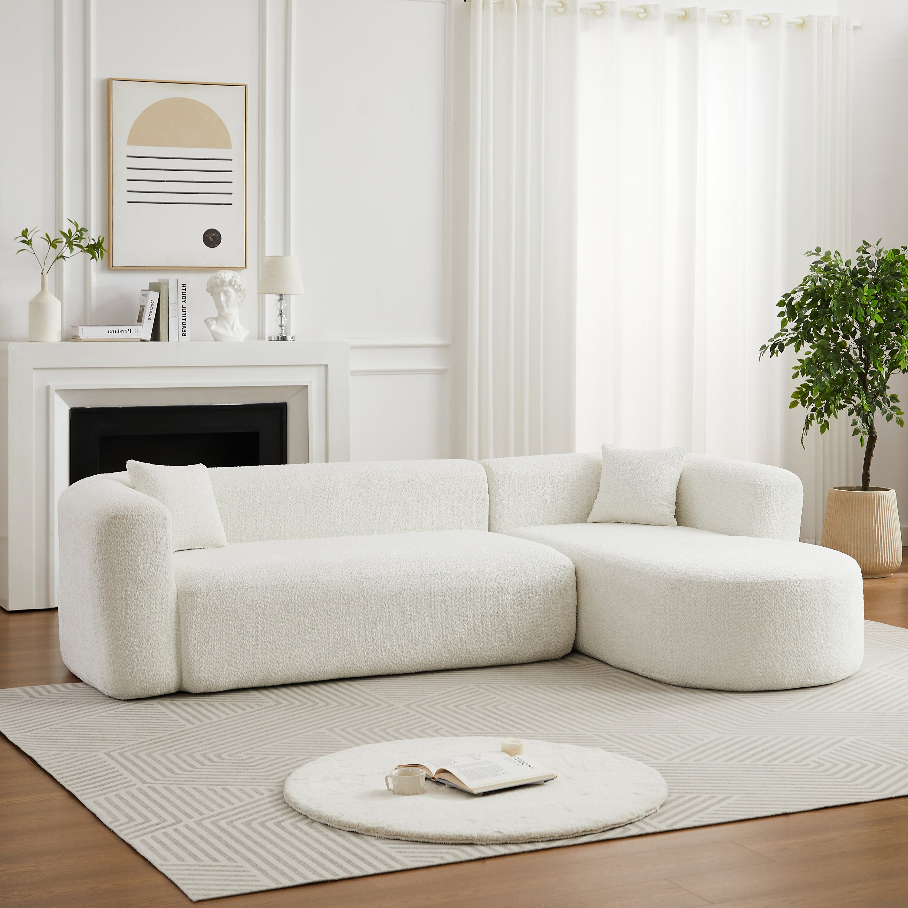 Front view of modular sectional sofa in beige chenille fabric, emphasizing its cloud-like comfort and elegant living room setting.