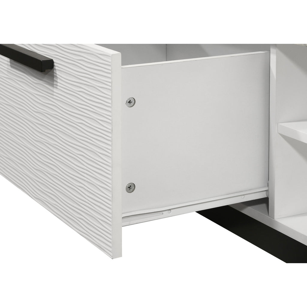 Close-up of drawer on White Faux Marble Coffee Table - 47'W with Storage, showing textured front panel and smooth sliding mechanism.