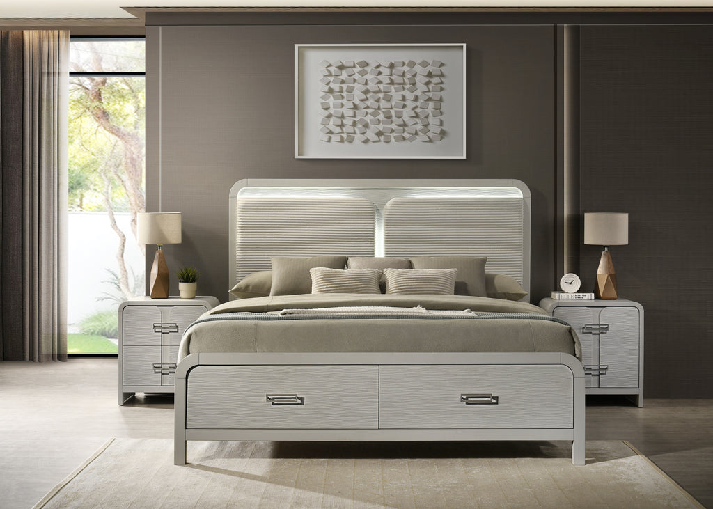 Aria Modern Queen Bed with Storage styled in a contemporary bedroom, featuring a lighted headboard and matching nightstands for a cohesive look.