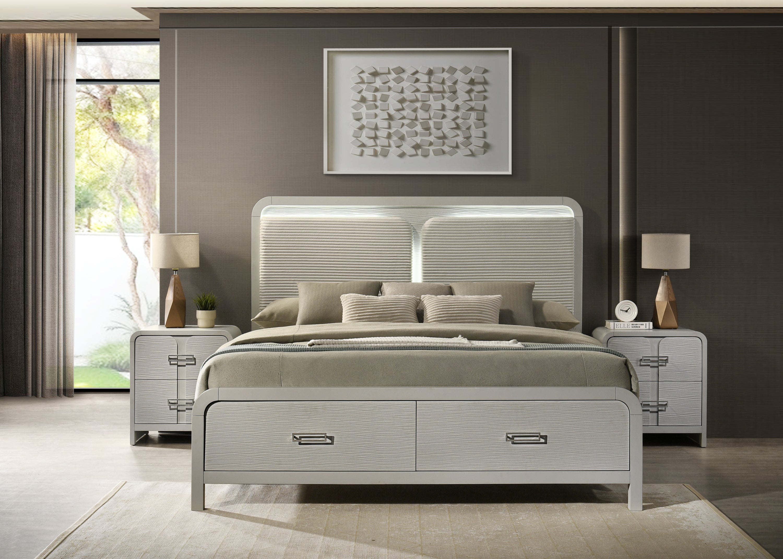 Aria Modern Storage Bed styled in a contemporary bedroom with matching nightstands, showcasing its ambient-lit headboard and drawer storage.