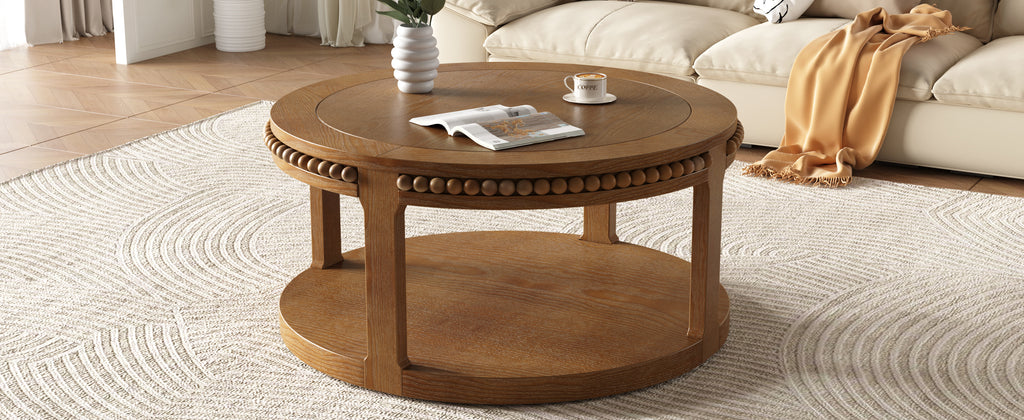 31.5 Inch Round Solid Wood Coffee Table & Sofa Table - Two-Tier Thickened Top, Sturdy Legs, Circle Table for Living Room (Walnut)