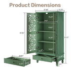 Product dimensions of Antique Green Storage Cabinet - 55'' Tall w/ Drawer with detailed measurements of shelves and drawer.