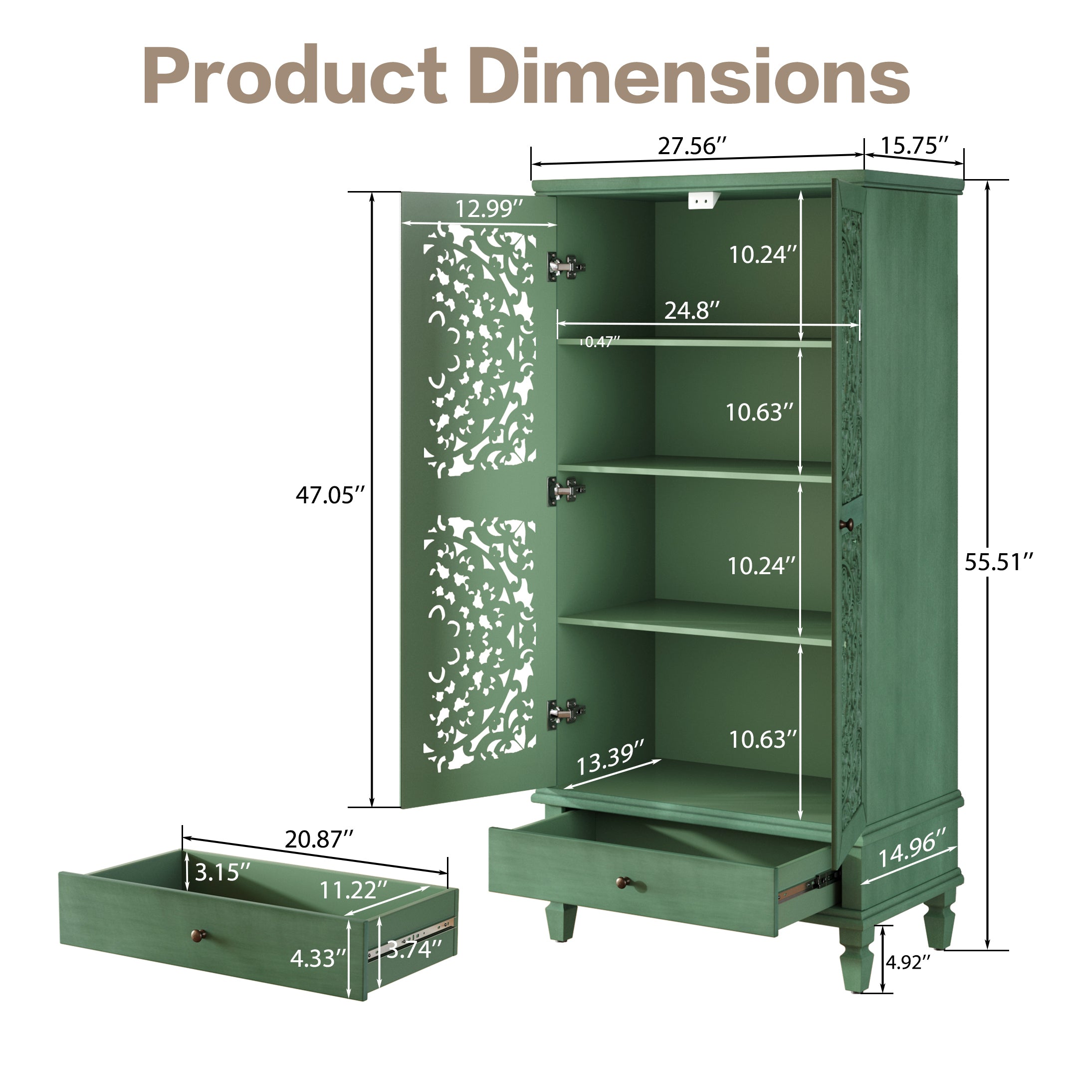 Product dimensions of Antique Green Storage Cabinet - 55'' Tall w/ Drawer with detailed measurements of shelves and drawer.