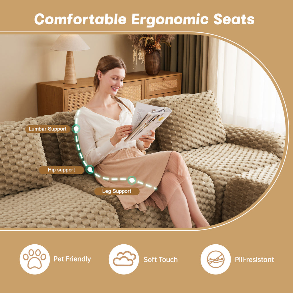 Ergonomic features of the L-Shaped Modular Sofa include lumbar, hip, and leg support with pet-friendly, soft-touch, and pill-resistant fabric.