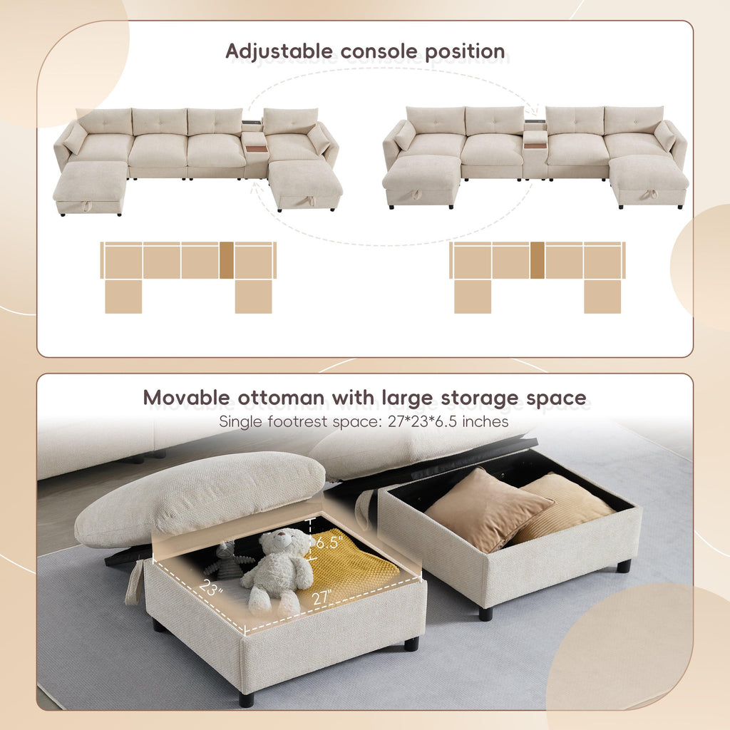 Modular Sectional Sofa with Console, Cup Holder, USB Charger.