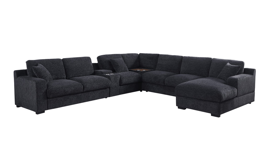 Dark gray Celine sectional sofa with chaise, cupholders, and USB ports. Modular layout with deep seating and removable cushions.