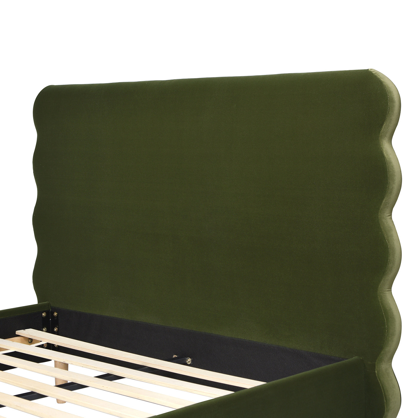 Close-up of the olive green wavy headboard on the Stockholm Modern Platform Bed, showcasing its velvet texture and elegant curves.