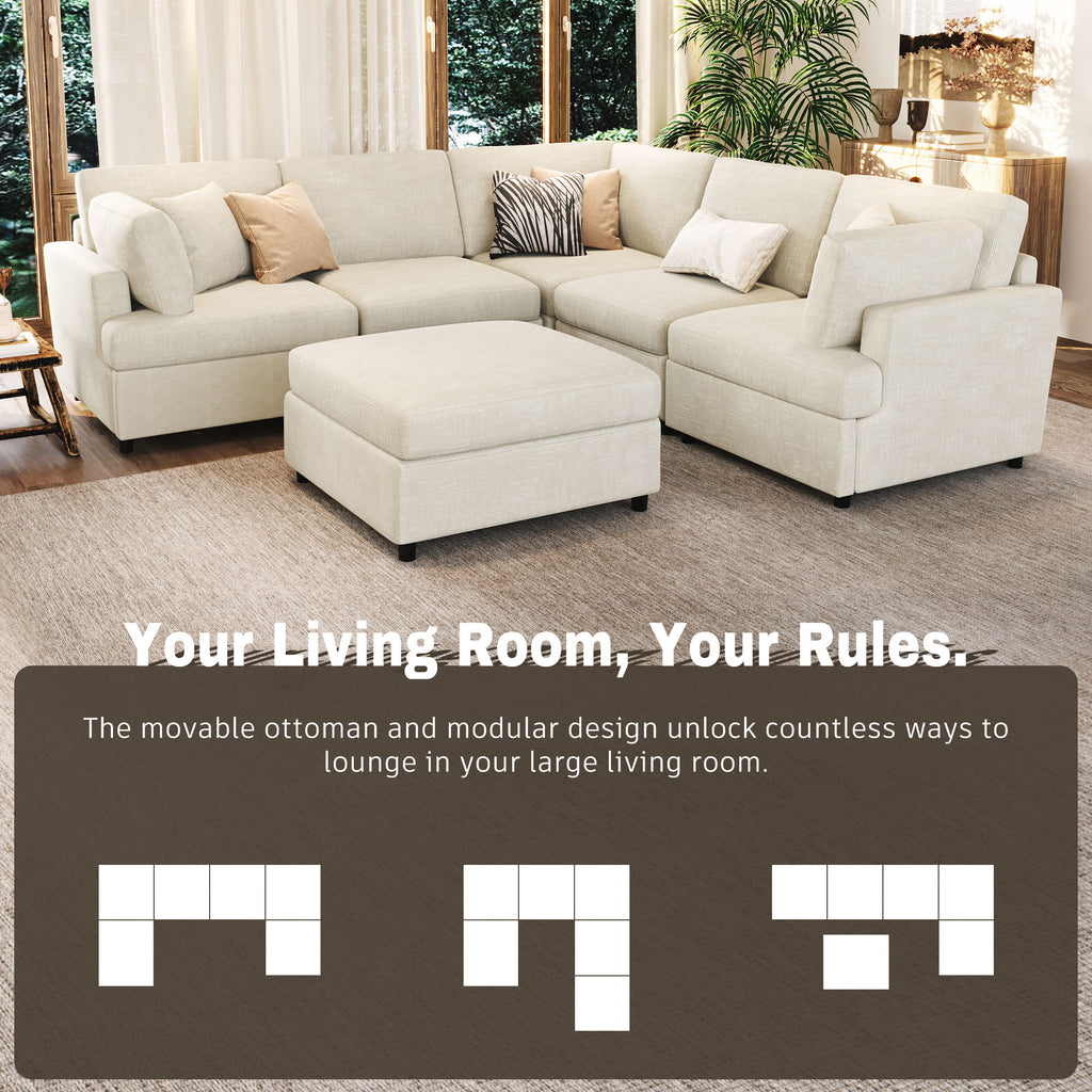 Modular U-shaped sectional sofa with ottoman showing multiple layout options for customizable living room arrangements.