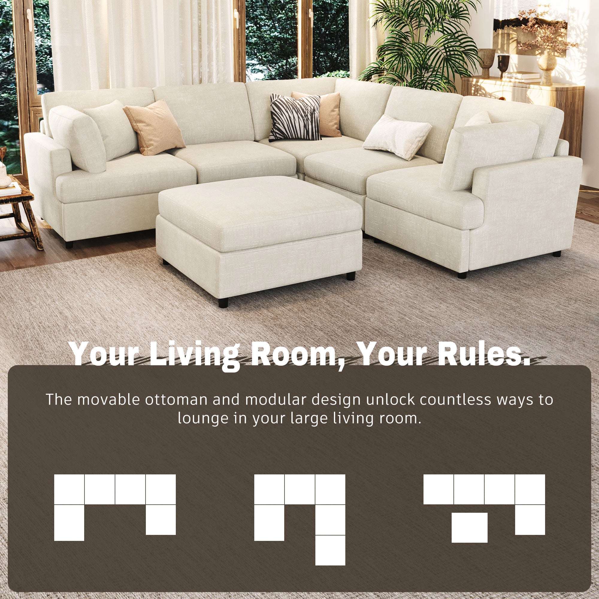 Modular U-shaped sectional sofa with ottoman showing multiple layout options for customizable living room arrangements.