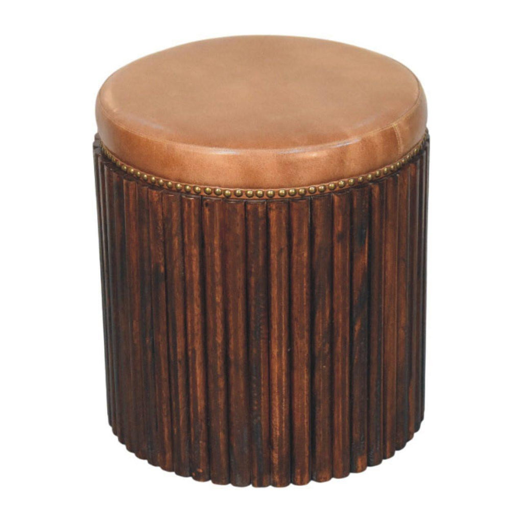 Solid Wood Leather Accent Stool for Modern Bedrooms.