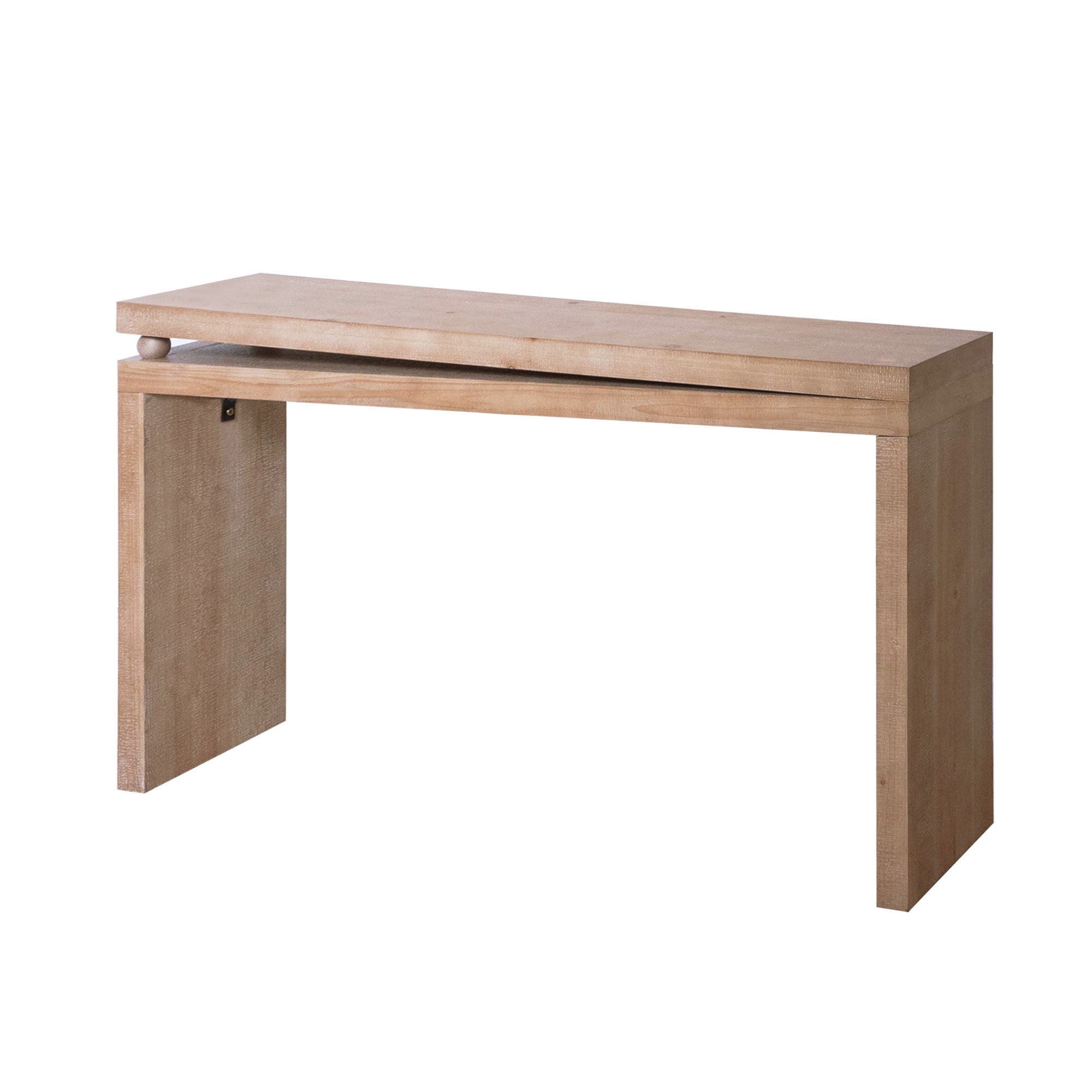 Angled view of Slim Natural Wood Console Table highlighting its narrow profile and bead detail for entryway or hallway use.