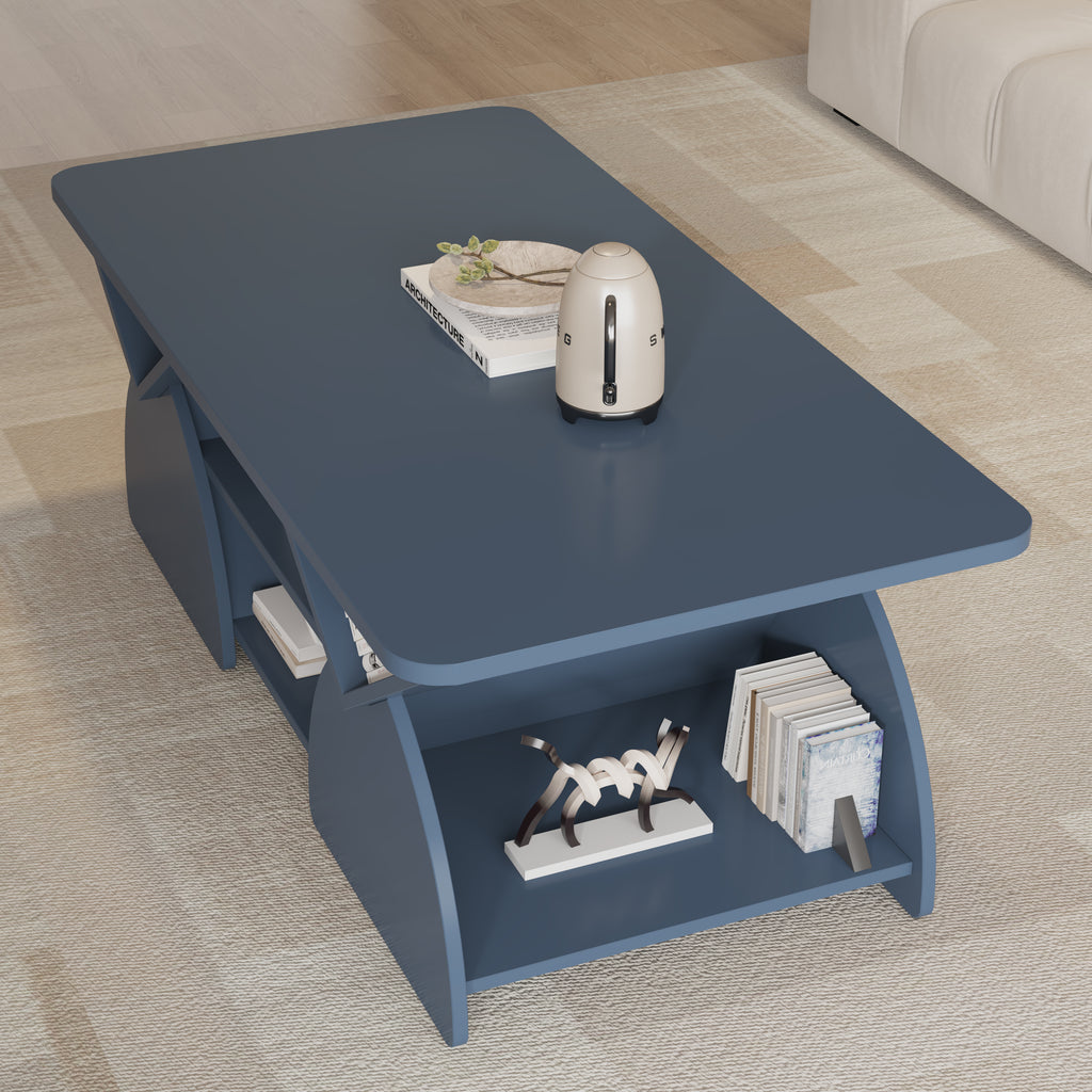 Close-up of Blue Geometric Coffee Table corner, showing moisture-resistant engineered wood and lower shelf with books and decor.
