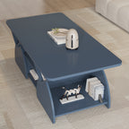 Close-up of Blue Geometric Coffee Table corner, showing moisture-resistant engineered wood and lower shelf with books and decor.
