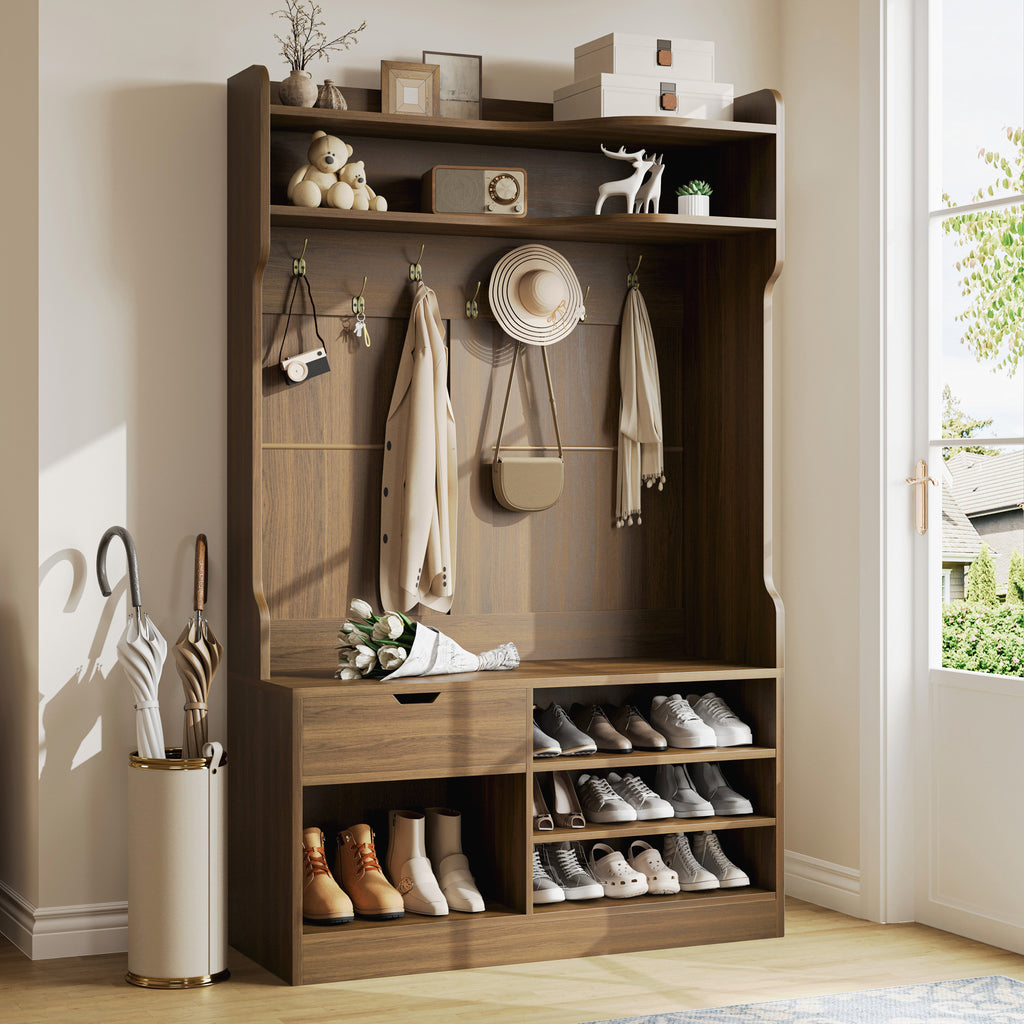 Country walnut hall tree with bench, seven coat hooks, a storage drawer, and a three-layer shoe cabinet.