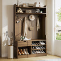 Country walnut hall tree with bench, seven coat hooks, a storage drawer, and a three-layer shoe cabinet.