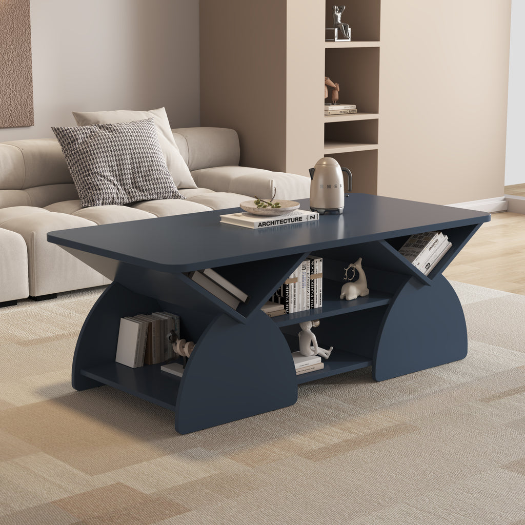 Blue Geometric Coffee Table in a cozy living room setup, made from engineered wood with curved side panels and open shelving.