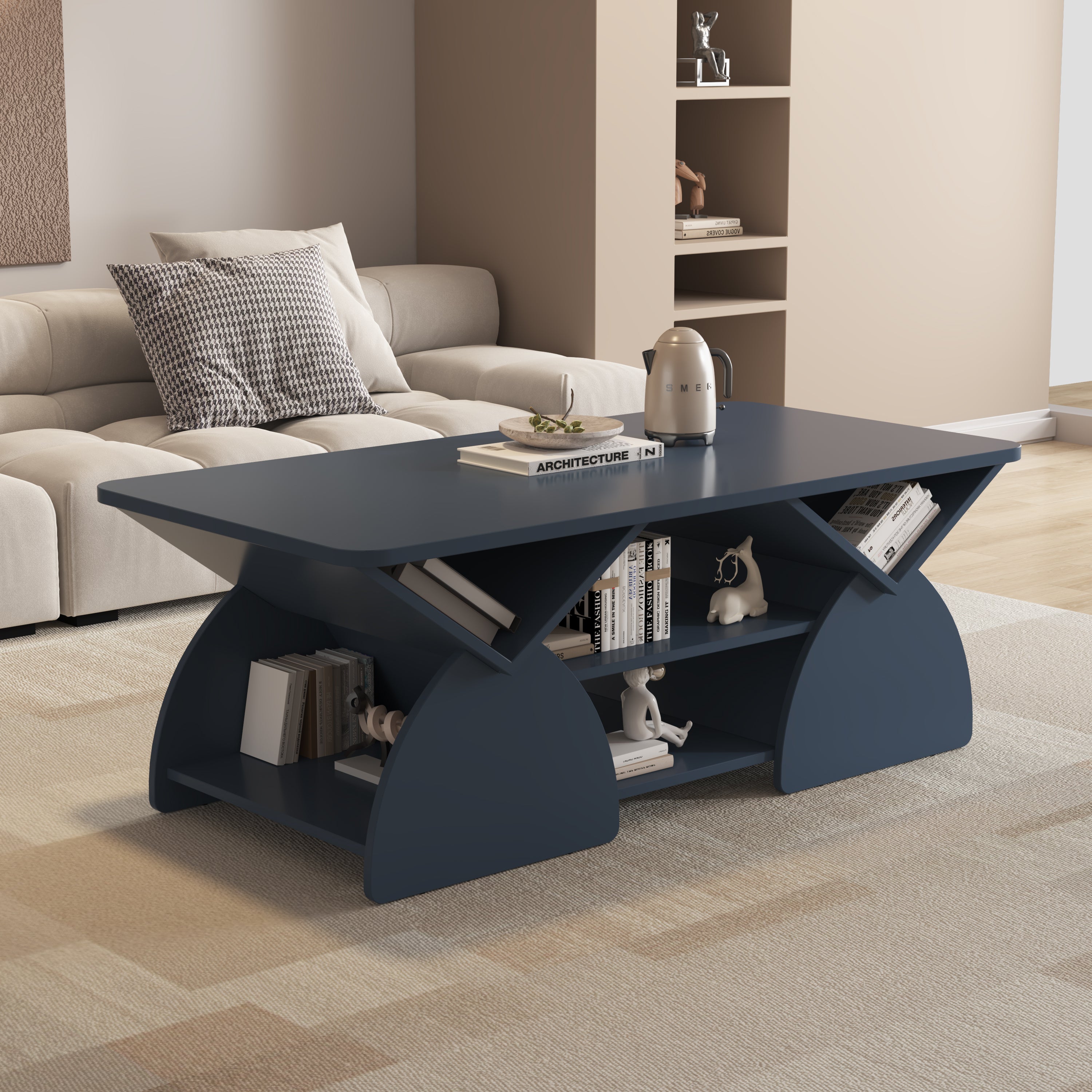 Blue Geometric Coffee Table in a cozy living room setup, made from engineered wood with curved side panels and open shelving.