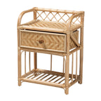 Boho-style natural rattan nightstand with a woven drawer, lattice gallery rail, and slatted open bottom shelf.