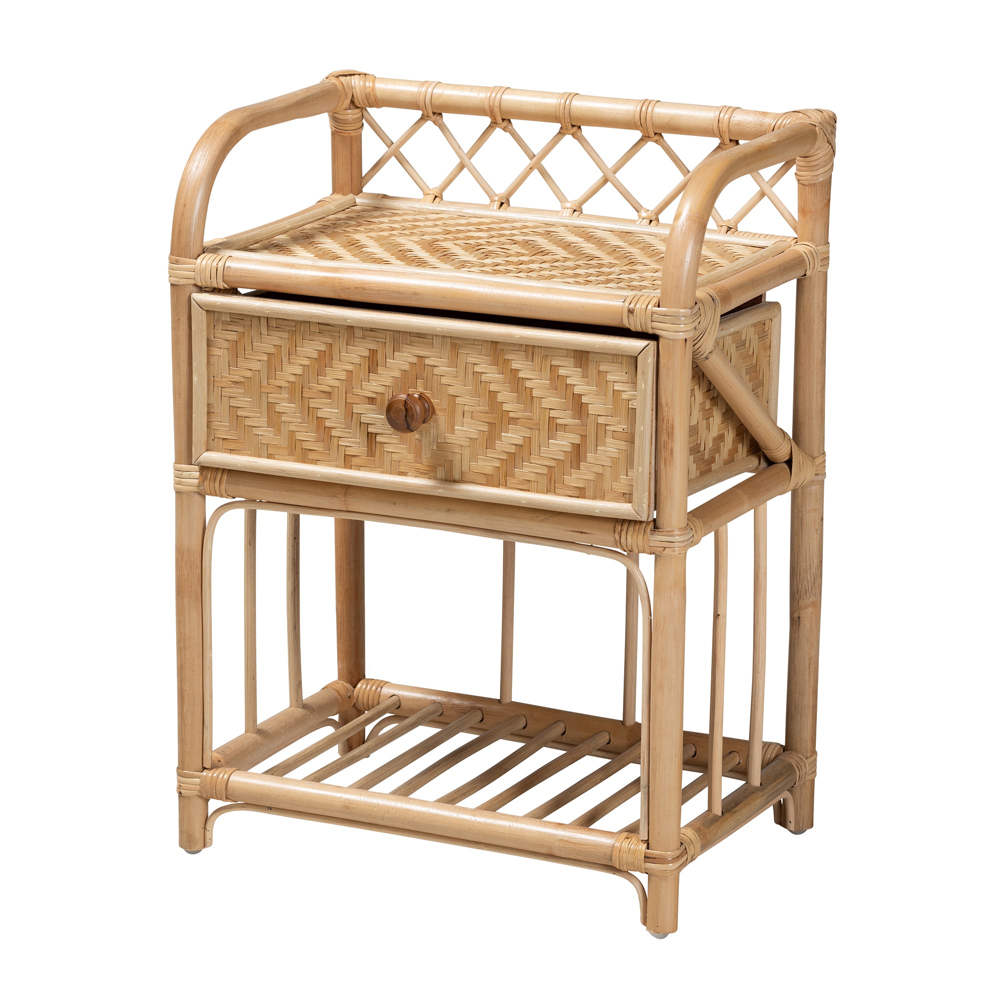 Boho-style natural rattan nightstand with a woven drawer, lattice gallery rail, and slatted open bottom shelf.