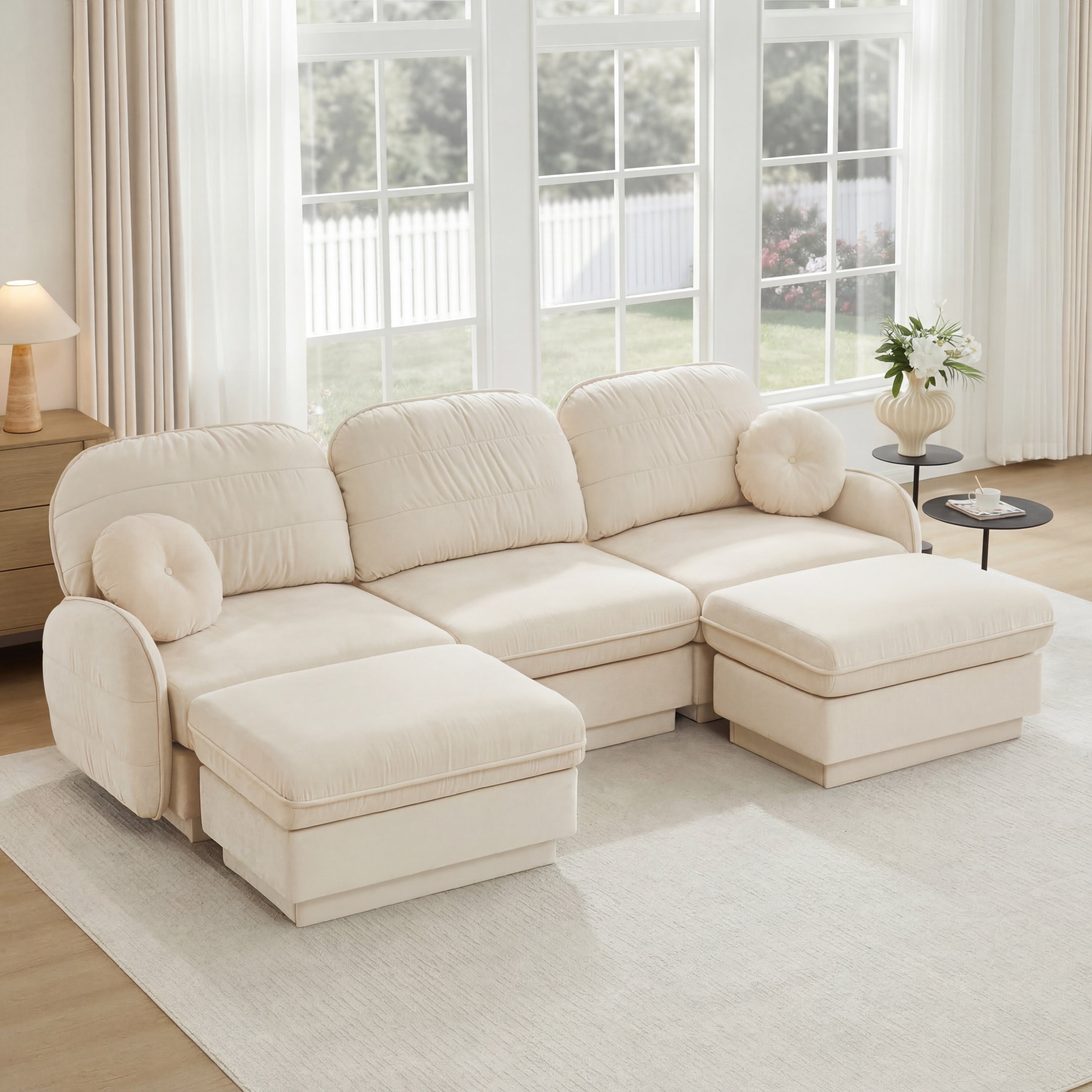 105-Inch Oversize Cream Beige Chenille U-Shaped Sofa with Ottoman