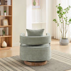 Rear view of Swivel Accent Chair Linen Blend - Weathered Base with supportive back cushion and circular wooden base.