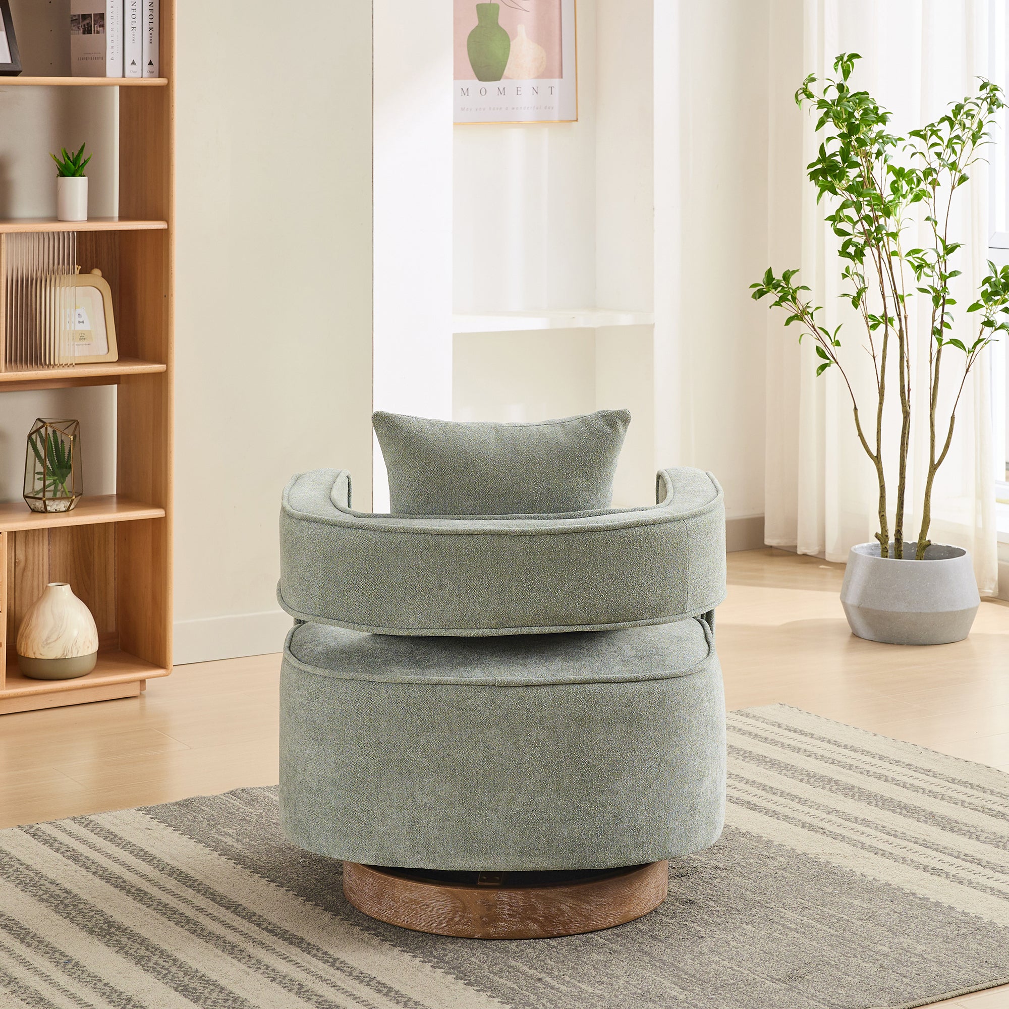 Rear view of Swivel Accent Chair Linen Blend - Weathered Base with supportive back cushion and circular wooden base.