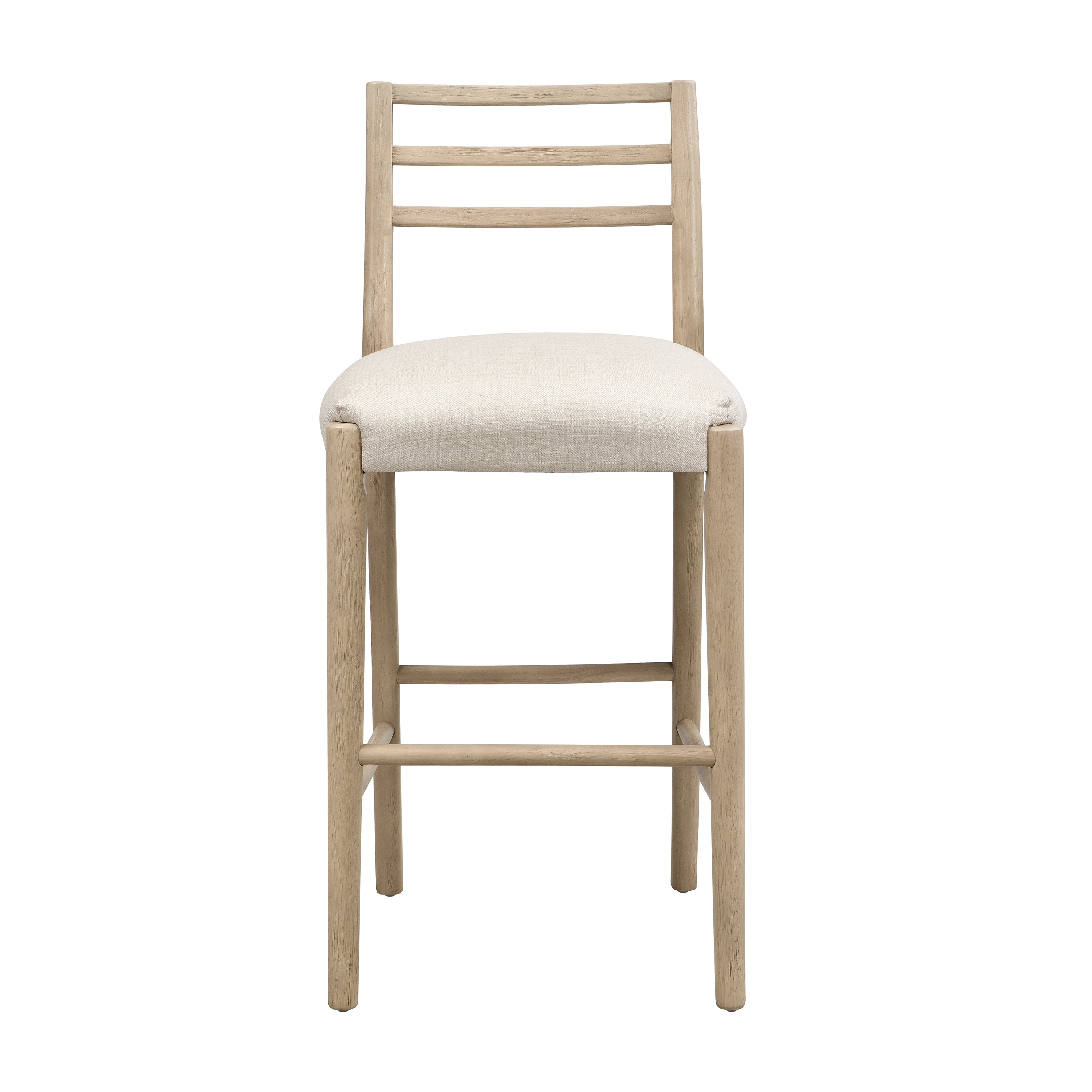 Front view of Ladder Back Bar Stool featuring a cushioned upholstered seat and wooden ladder-style backrest for modern comfort.