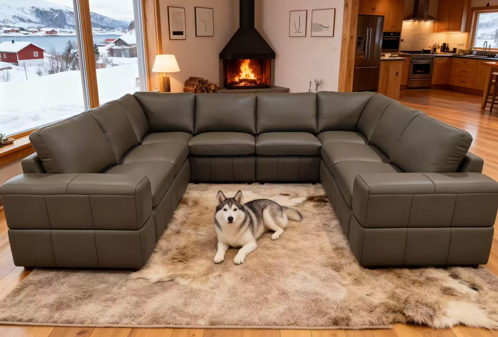 Olive Green Leather Match 8-Seater Modular Sectional with Square Arms