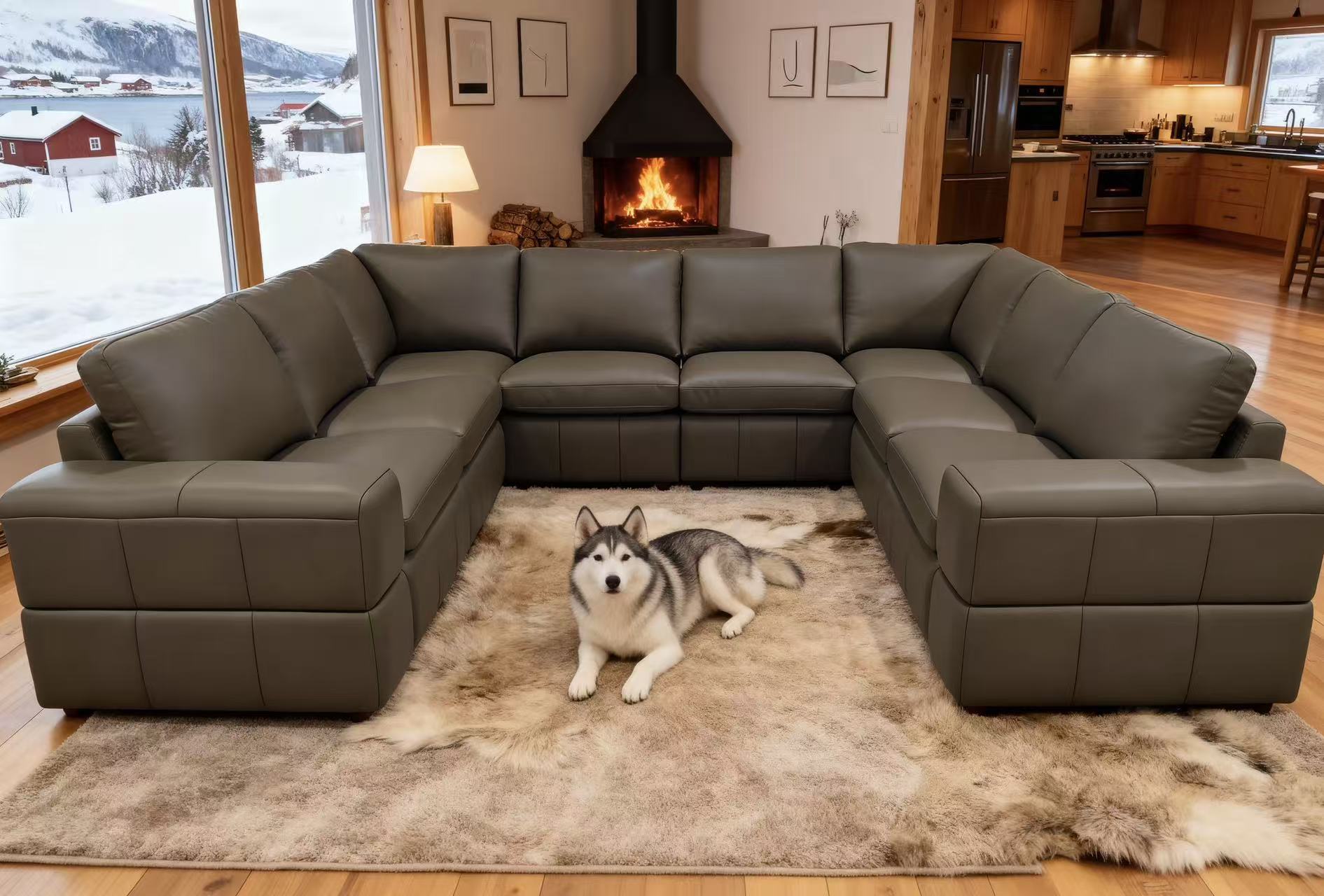 Olive Green Leather Match 8-Seater Modular Sectional with Square Arms