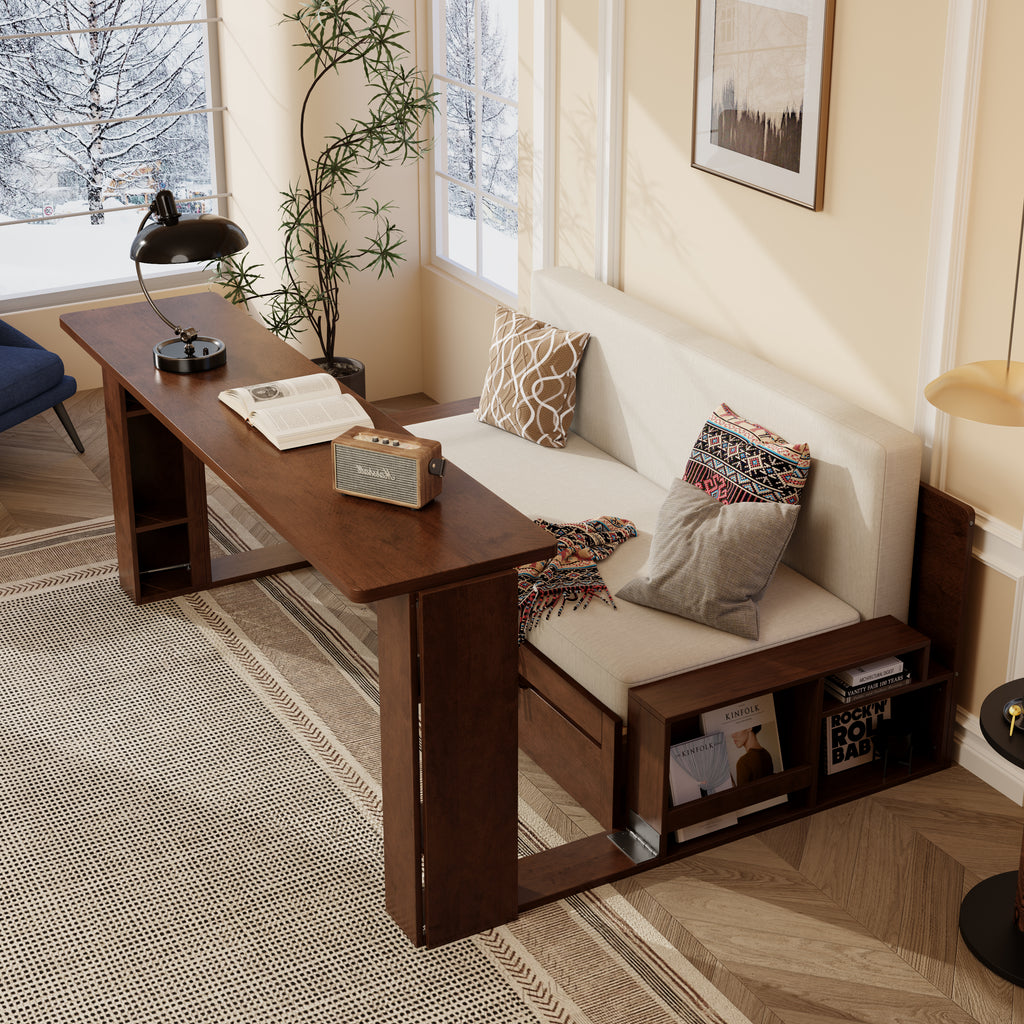 Queen Multifunctional Daybed with extended removable desk, showcasing workspace functionality and integrated side shelving.