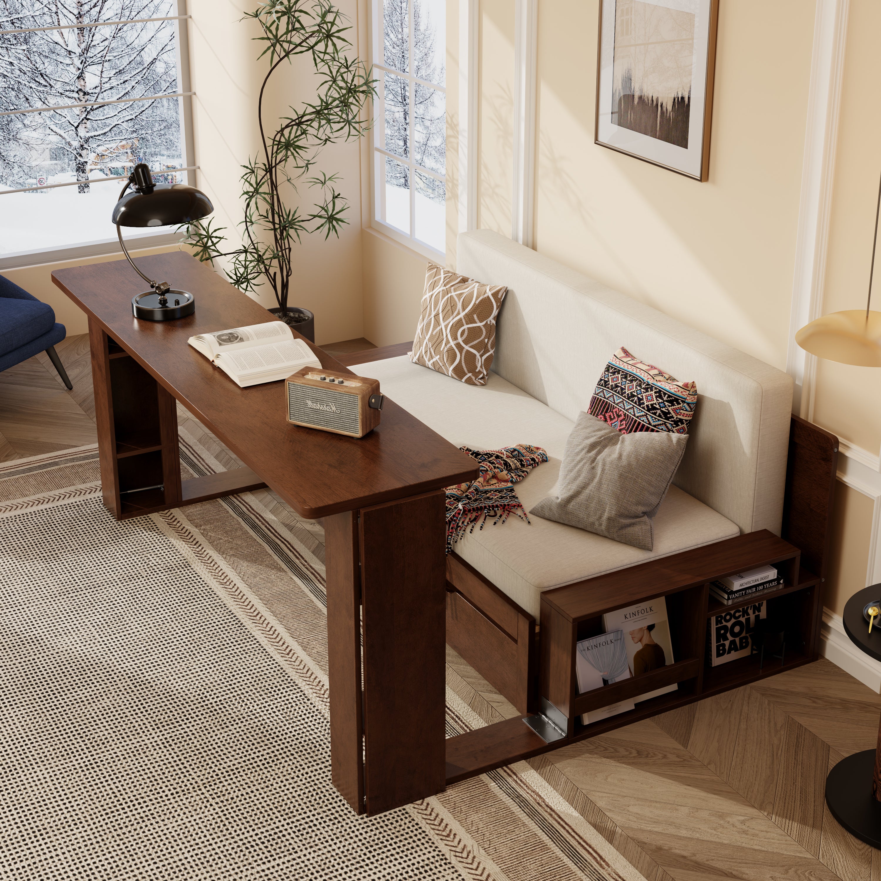 Queen Multifunctional Daybed with extended removable desk, showcasing workspace functionality and integrated side shelving.