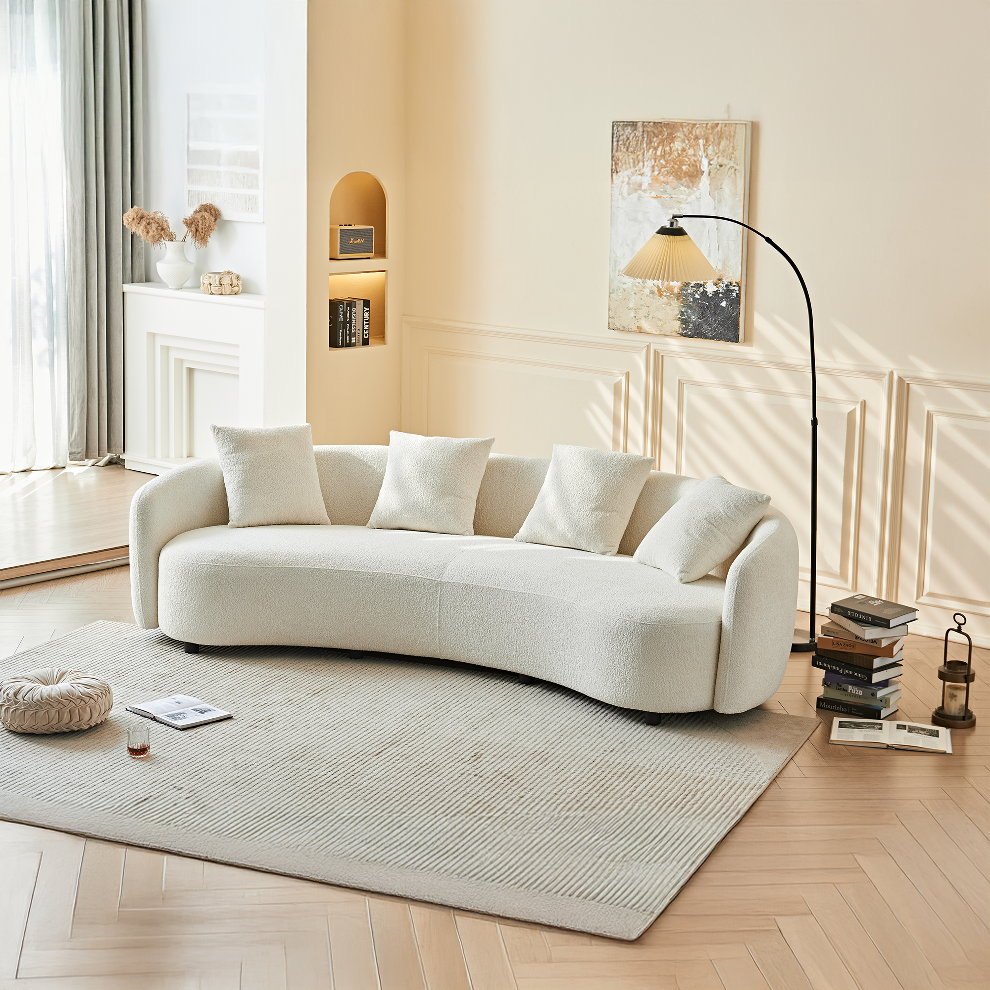 Modern Curved Velvet Sofa with 4 Pillows for Living Room.