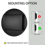 Mounting guide for Round Black Metal Medicine Cabinet with Mirror, indicating surface mount installation only.