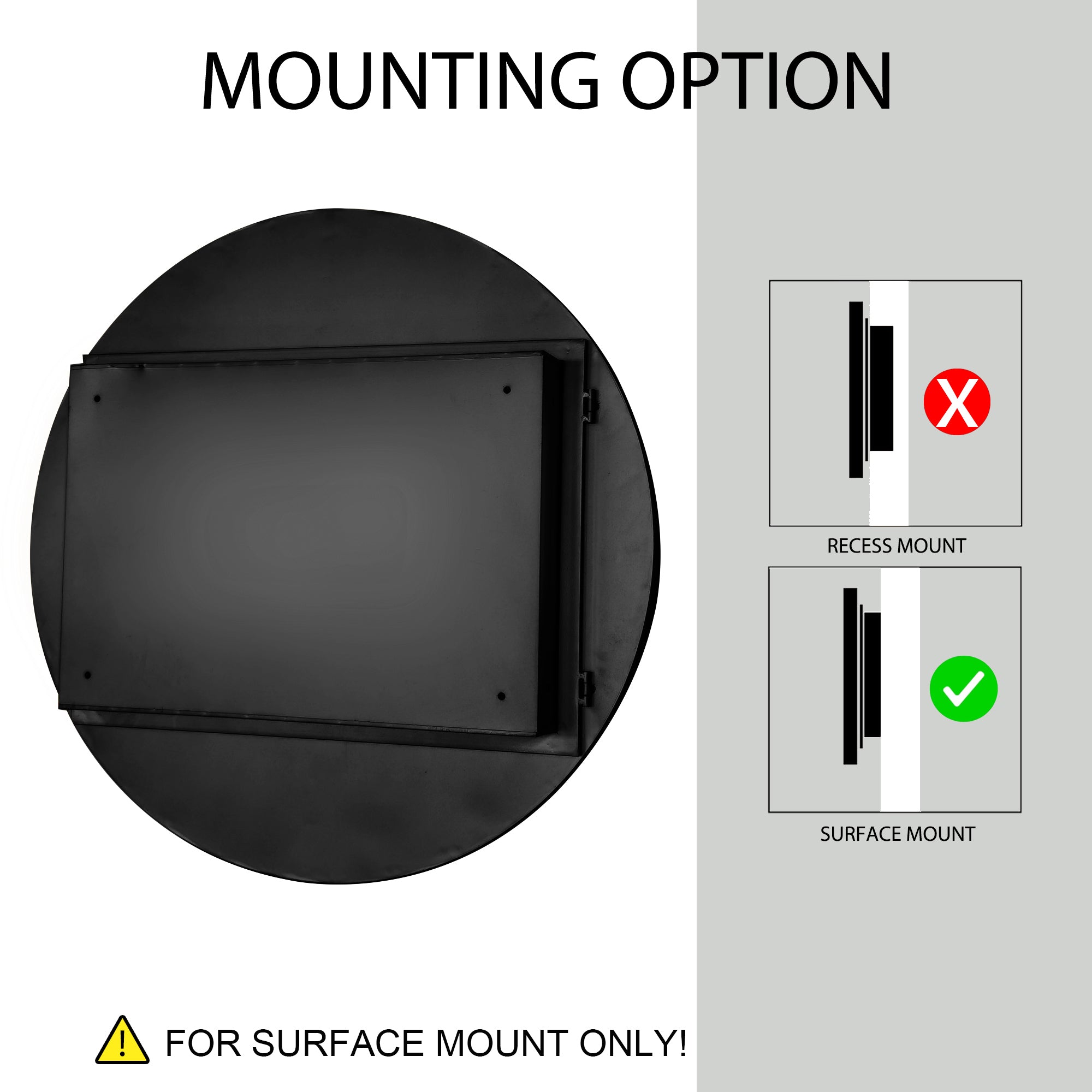 Mounting guide for Round Black Metal Medicine Cabinet with Mirror, indicating surface mount installation only.
