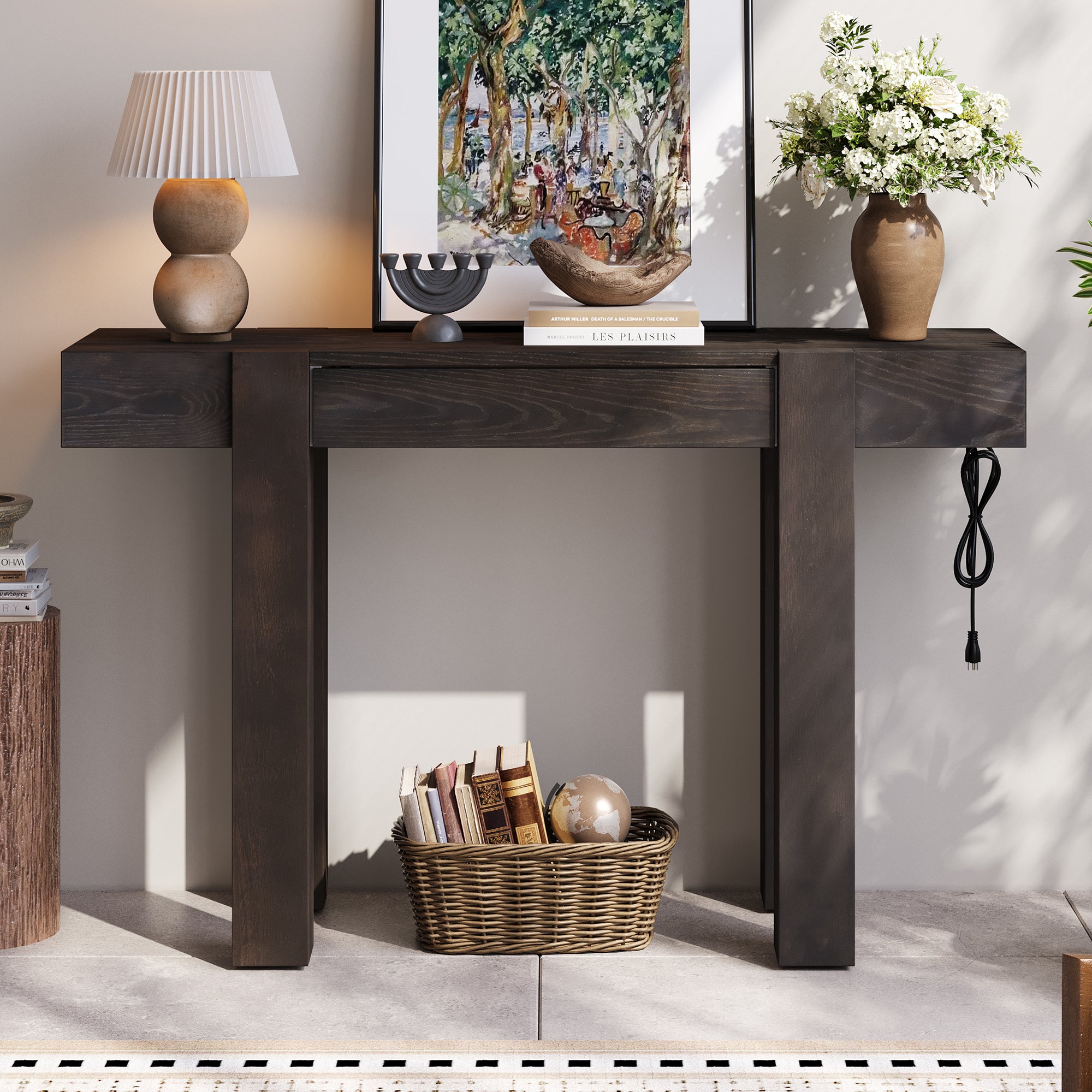 Solid wood rustic console table with minimalist design, featuring a hidden drawer and side power outlet, styled in a home entryway.