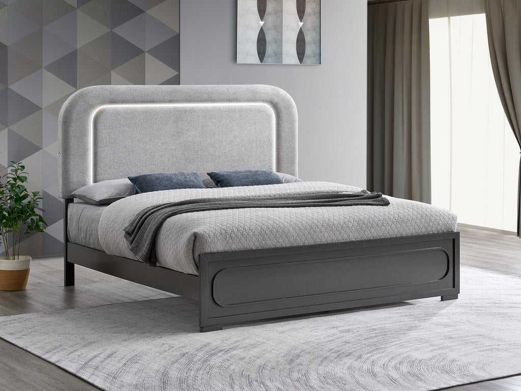 Wave King Bed with LED Lights in Wenge Wood and Fabric Headboard