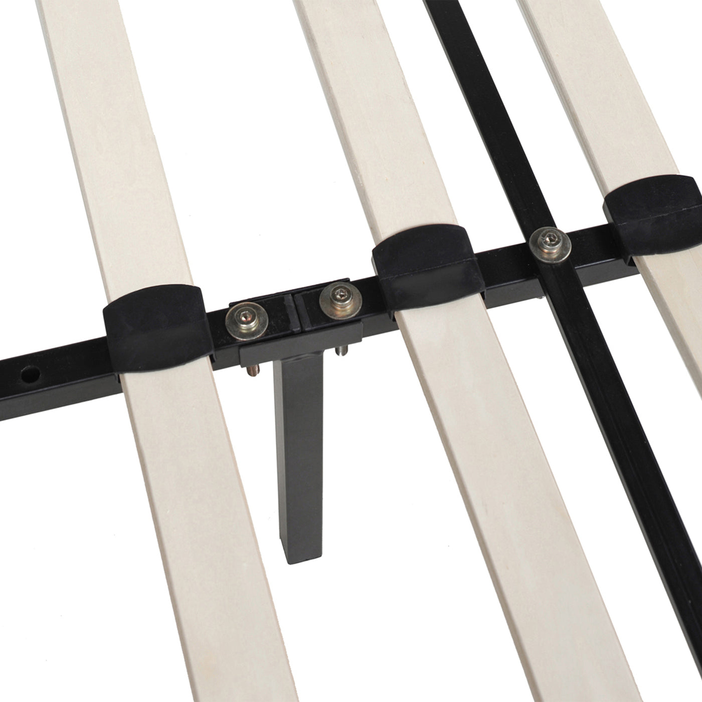 Close-up of Aspen Olive Green Velvet King Bed Set slatted base, showing wooden slats and central metal support beam.