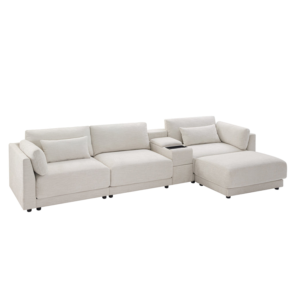 Angled view of L-Shaped sectional sofa with storage and charging, highlighting its plush cushions and spacious seating area.