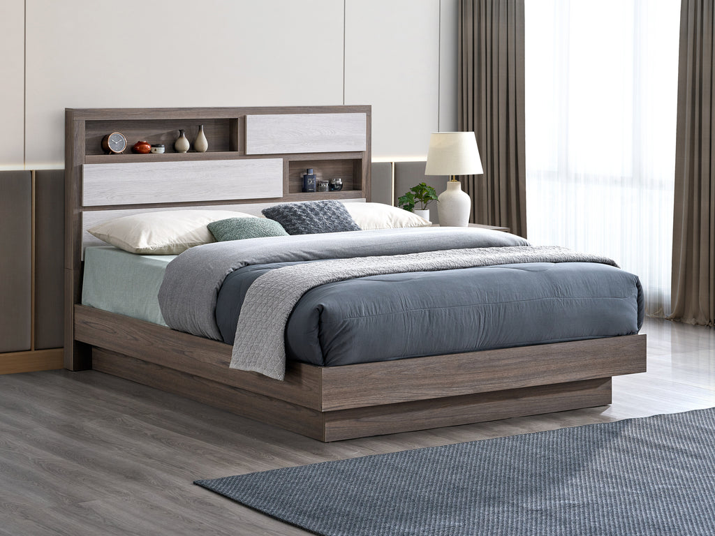 Aberdeen King Size Gray Oak Wood Panel Bed with Modern Headboard