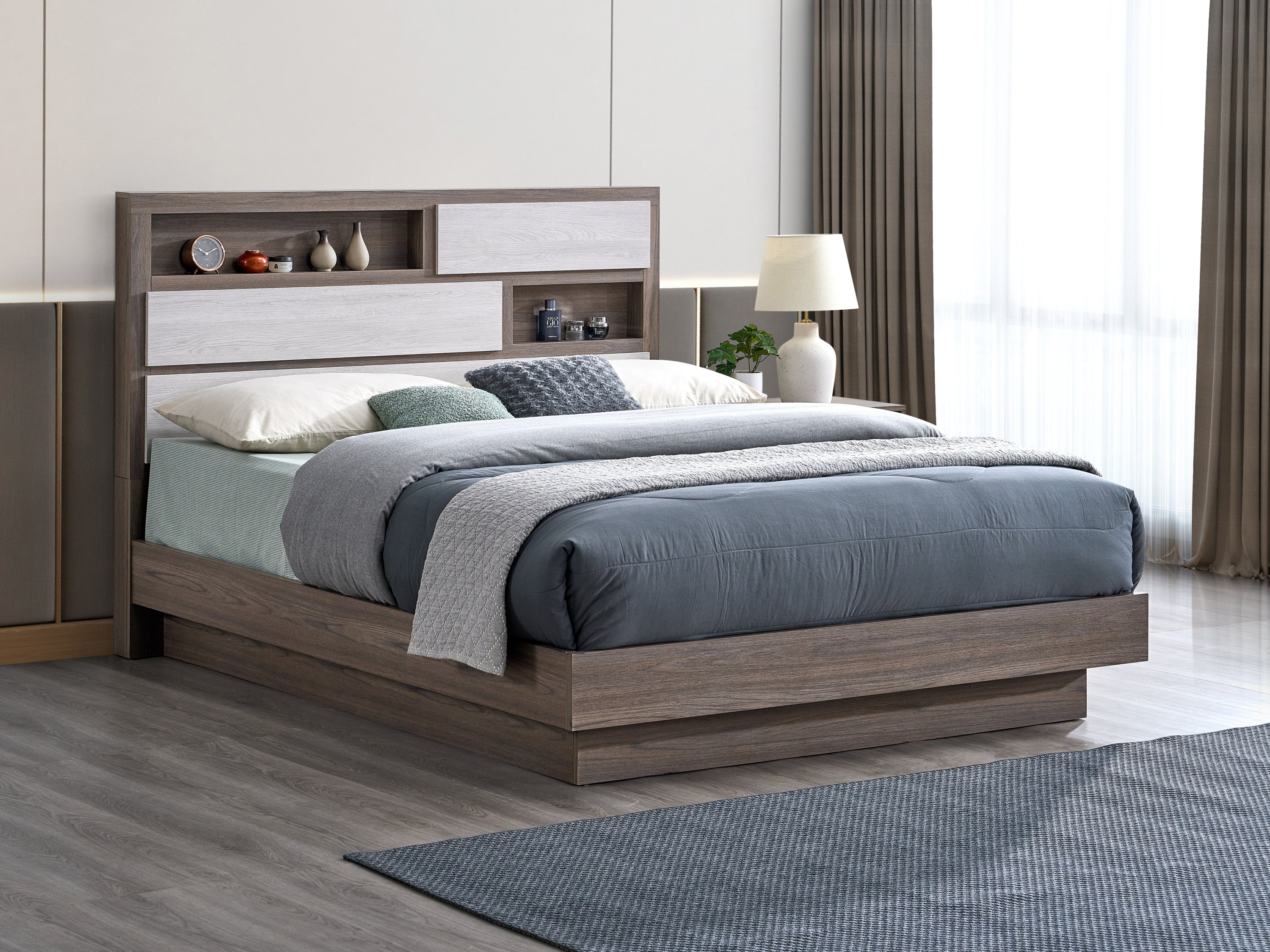 Aberdeen King Size Gray Oak Wood Panel Bed with Modern Headboard
