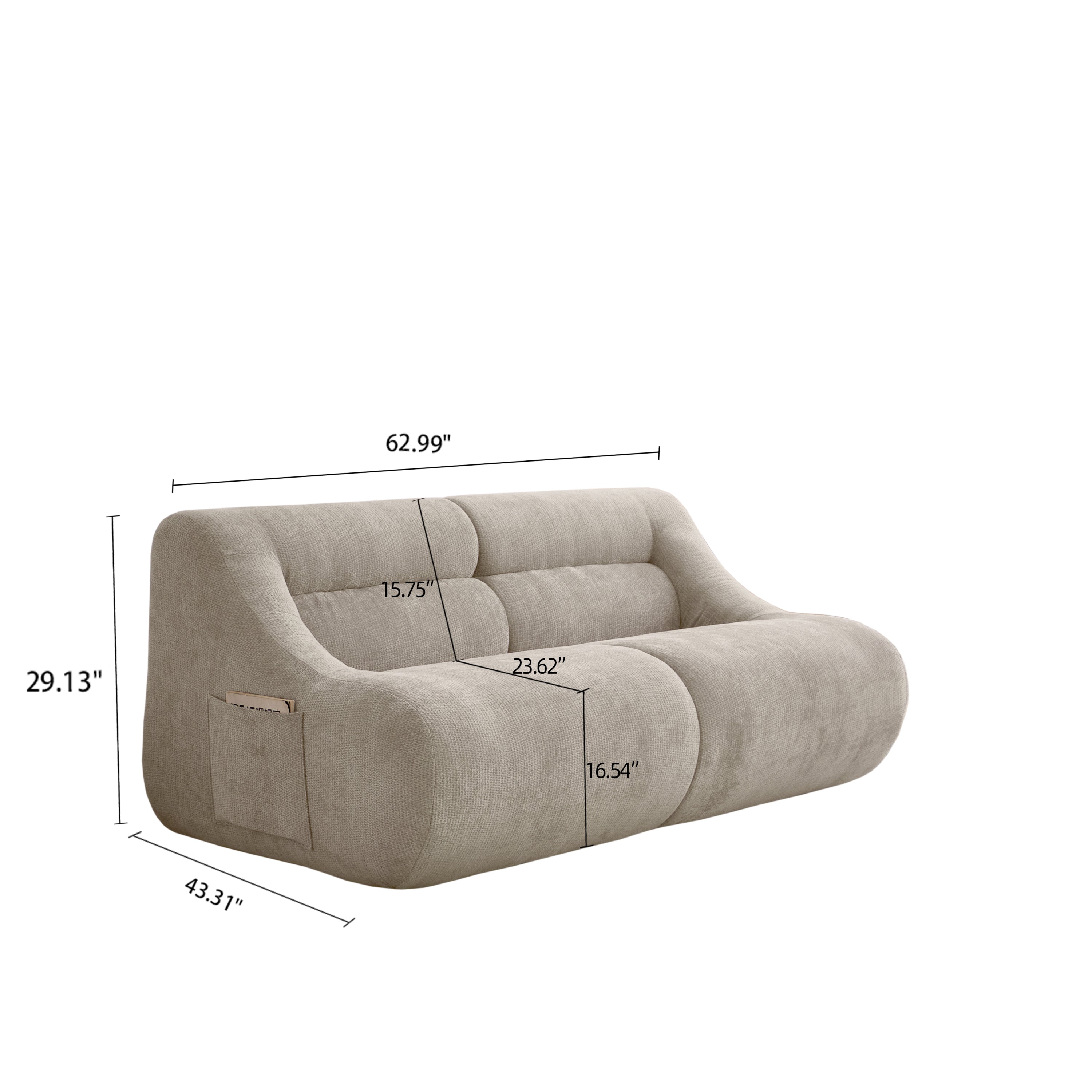 Dimension diagram of beige memory foam 2-seater sofa showing measurements and compact size, ideal for small spaces and no installation.