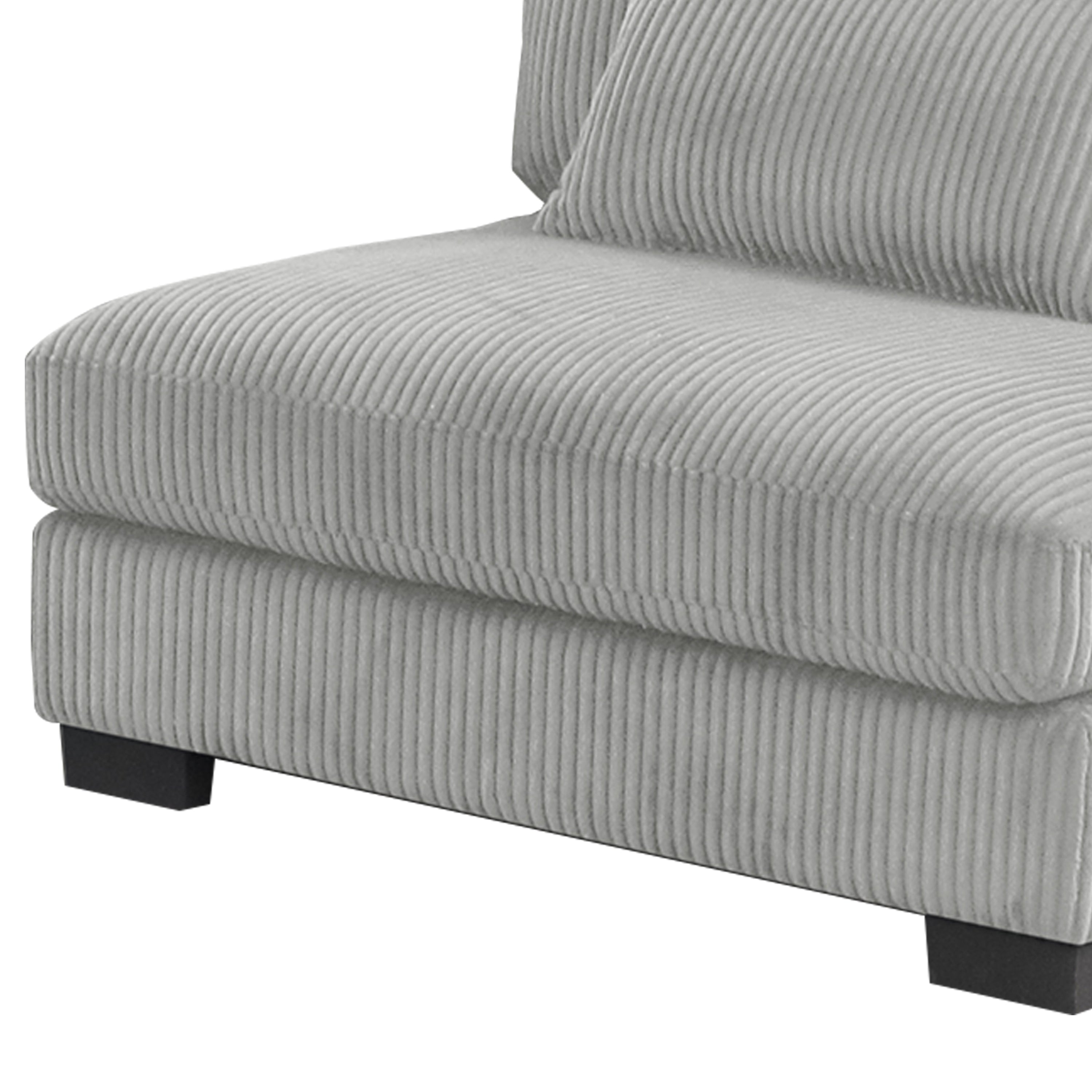 Close-up of Bentley Modular Sectional Sofa seat cushion in gray corduroy, showing soft ribbed texture and thick padding.