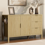 Sideboard storage cabinet with wave-pattern doors and 3 drawers in a modern living room. Ideal for stylish home organization.