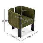 Dimensions of modern dining chair with olive green upholstery and black rubber wood frame, showing seat and backrest measurements.