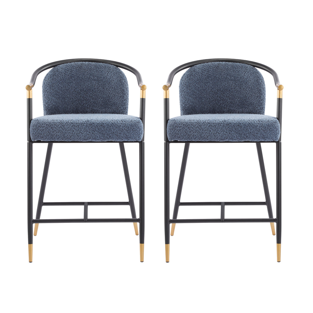 Upholstered Counter Stools Set of 2 with metal frames and blue fabric seats, featuring gold accents and a modern curved backrest design.