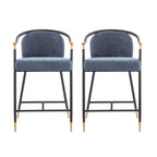Upholstered Counter Stools Set of 2 with metal frames and blue fabric seats, featuring gold accents and a modern curved backrest design.