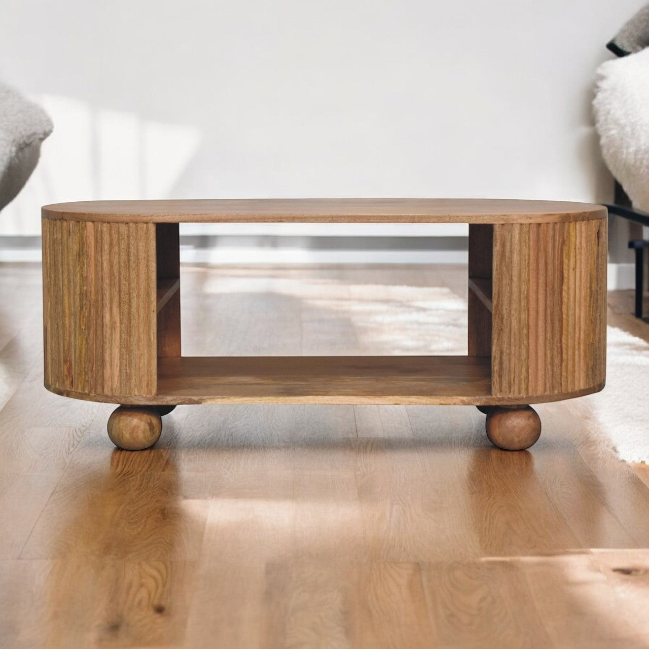 Solid Wood Soba Ball Coffee Table, Open Storage, Light Brown