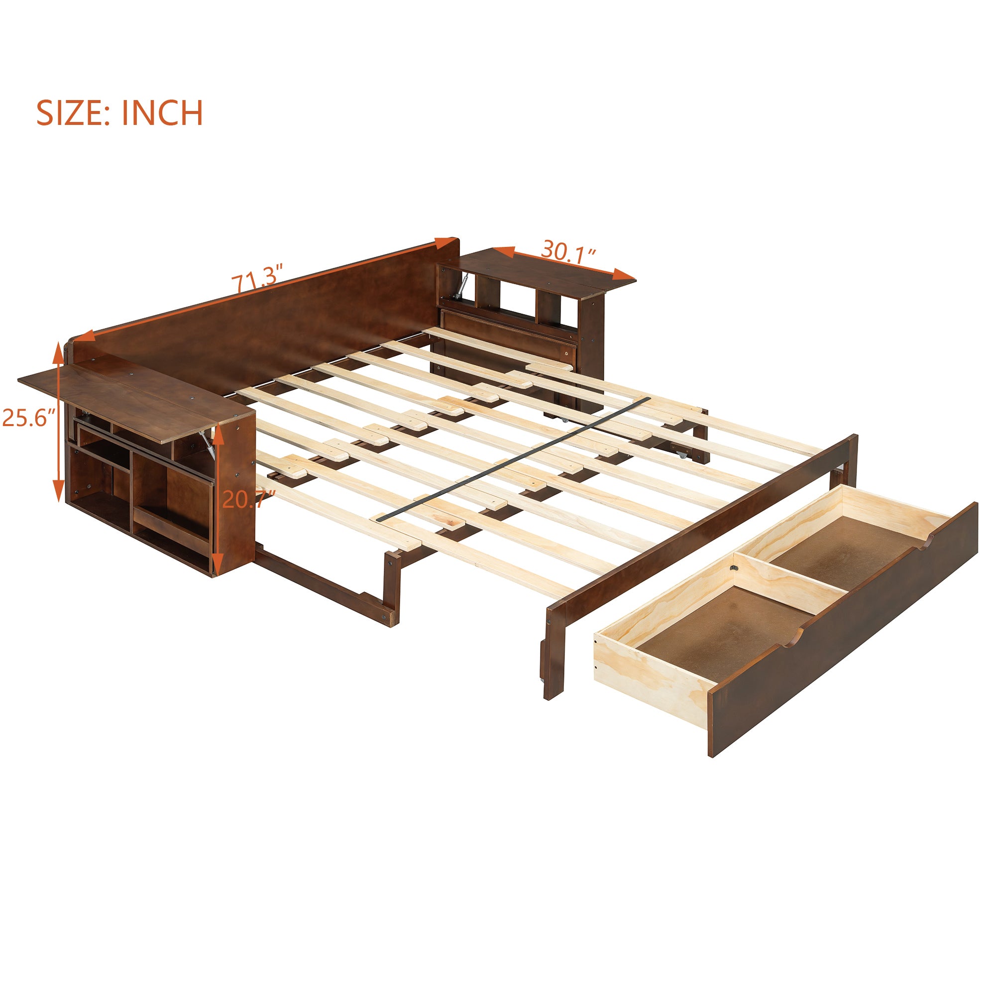 Queen Multifunctional Daybed - Removable Desk & Storage shown with dimensions in inches, highlighting frame, drawers, and shelving layout.
