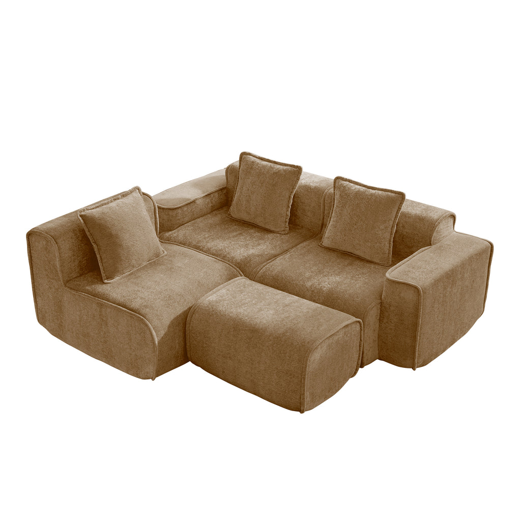 Velvet L Shape Modular Sectional Sofa with Ottoman & Pillows in tan color, arranged in a compact corner layout for modern living rooms.
