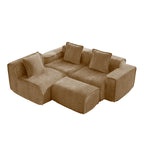 Velvet L Shape Modular Sectional Sofa with Ottoman & Pillows in tan color, arranged in a compact corner layout for modern living rooms.